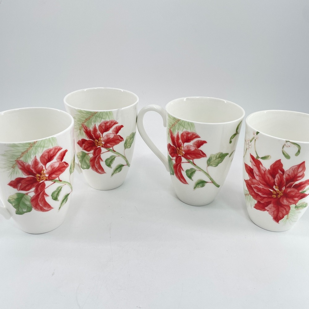 Lenox Winter Garden Poinsettia Mistletoe Coffee Mugs Set of 4 Christmas USA